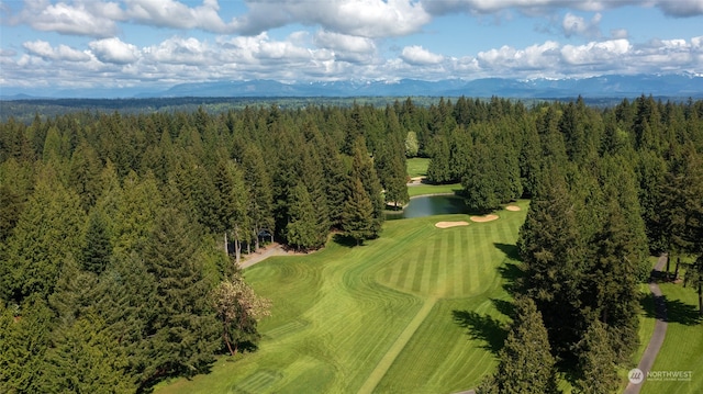 drone / aerial view featuring a water and mountain view