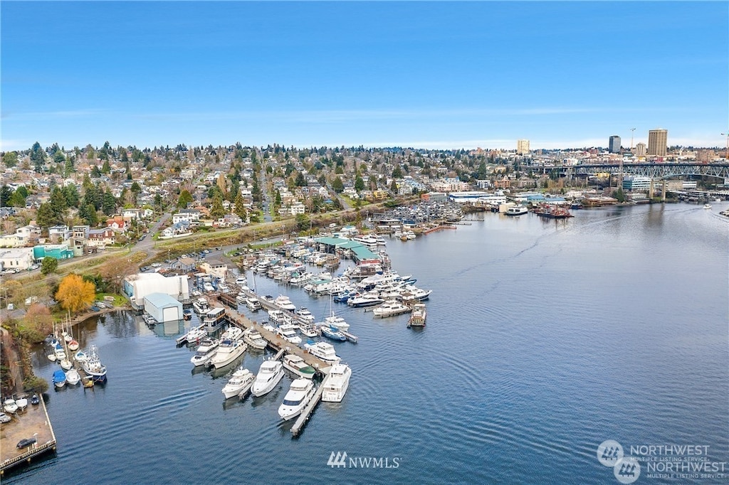 drone / aerial view featuring a water view