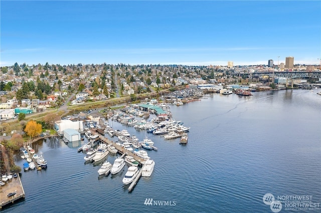 drone / aerial view featuring a water view