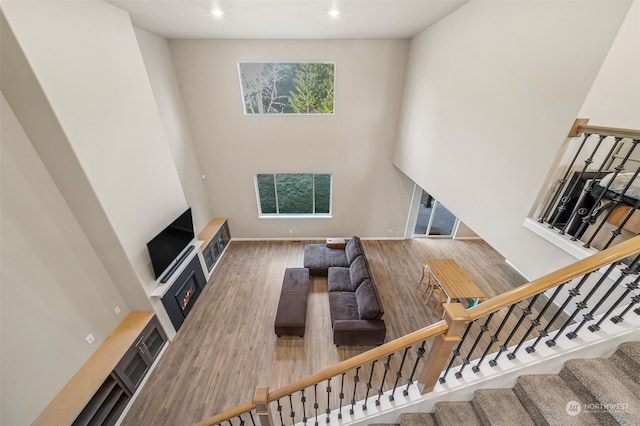 living room featuring wood-type flooring and a high ceiling