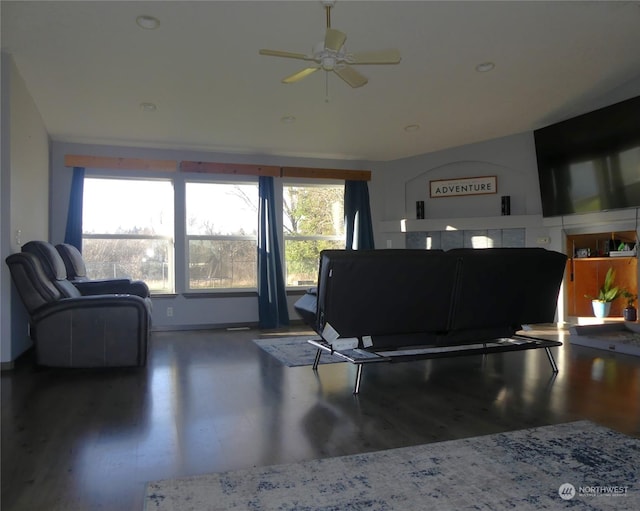 living room with plenty of natural light, ceiling fan, and wood-type flooring