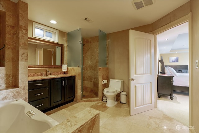 full bathroom with toilet, a stall shower, connected bathroom, and visible vents