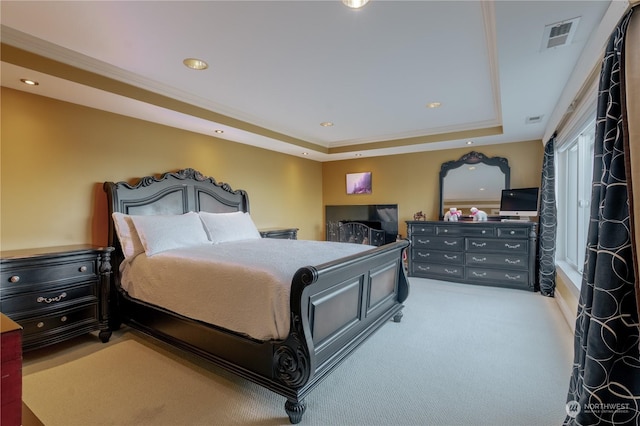 bedroom featuring a raised ceiling, carpet flooring, visible vents, and recessed lighting