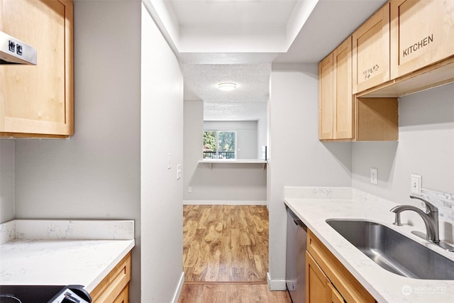 kitchen featuring sink, light hardwood / wood-style flooring, dishwasher, range, and range hood