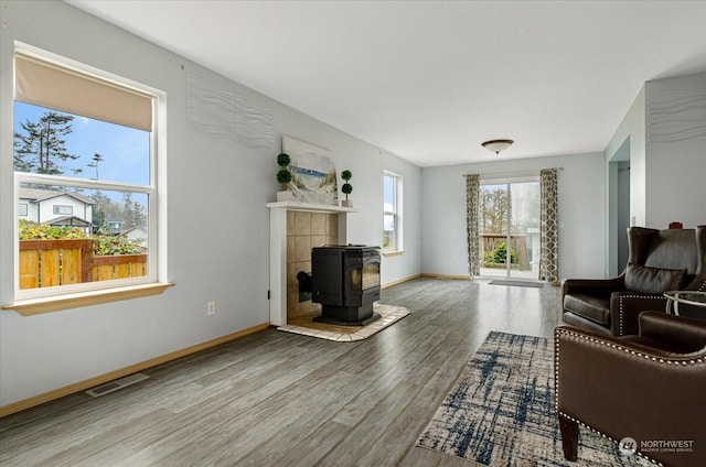 233 Calhoun Loop, Coupeville, WA 98239 - living area featuring a wood stove, wood finished floors, and baseboards