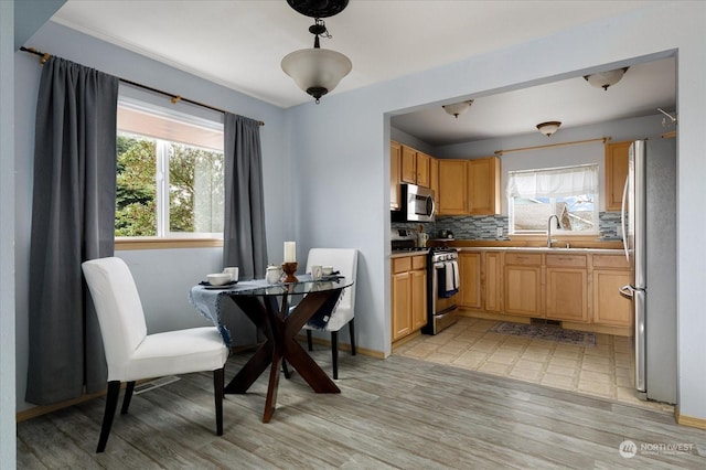 233 Calhoun Loop, Coupeville, WA 98239 - kitchen with appliances with stainless steel finishes, a sink, light wood finished floors, and backsplash
