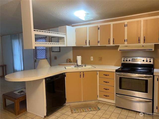 kitchen with kitchen peninsula, a textured ceiling, sink, dishwasher, and stainless steel electric range oven