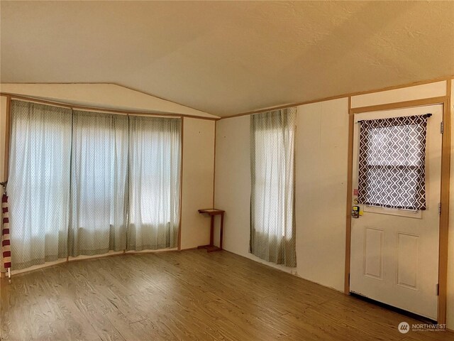 foyer entrance featuring wood-type flooring, vaulted ceiling, and a healthy amount of sunlight