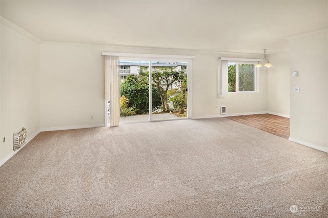 empty room with carpet, a chandelier, and ornamental molding