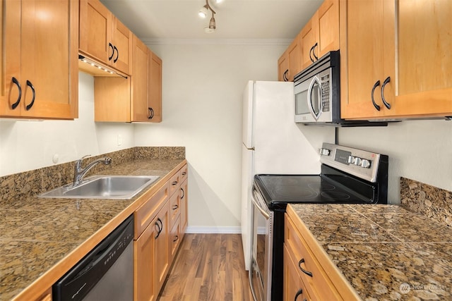 kitchen featuring sink, dark wood-type flooring, stainless steel appliances, crown molding, and track lighting