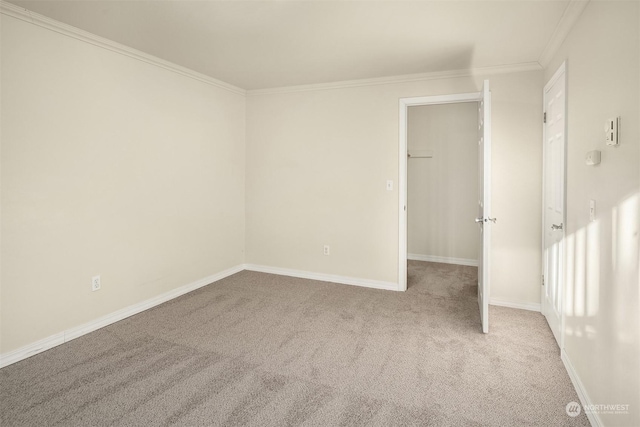 empty room featuring light colored carpet and ornamental molding