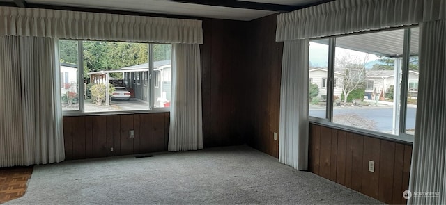 carpeted spare room featuring wooden walls