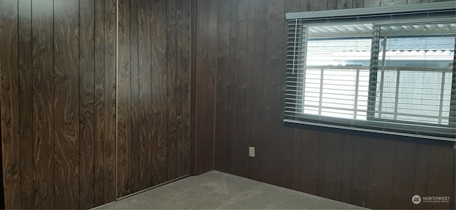 carpeted spare room with wooden walls