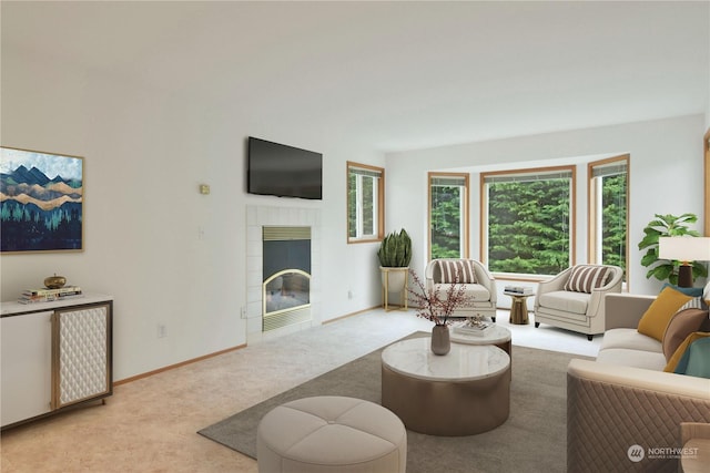 living room featuring light carpet and a tiled fireplace