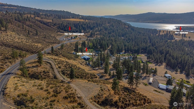 bird's eye view with a water and mountain view