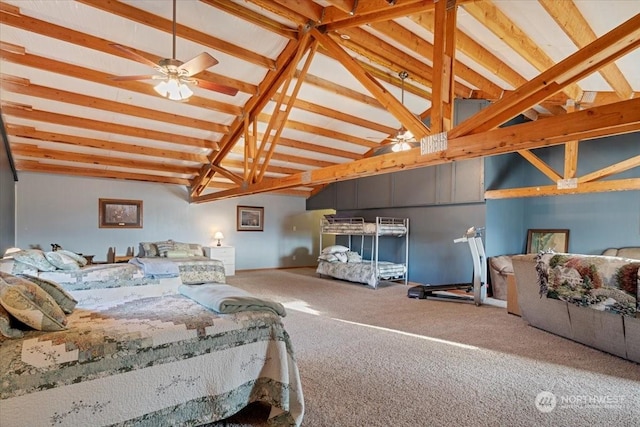 bedroom featuring carpet flooring, beamed ceiling, and high vaulted ceiling