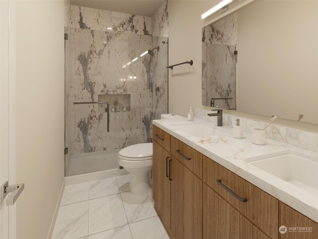 bathroom featuring tiled shower, vanity, and toilet