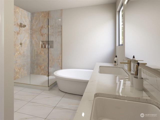 bathroom with tile patterned floors, independent shower and bath, and sink