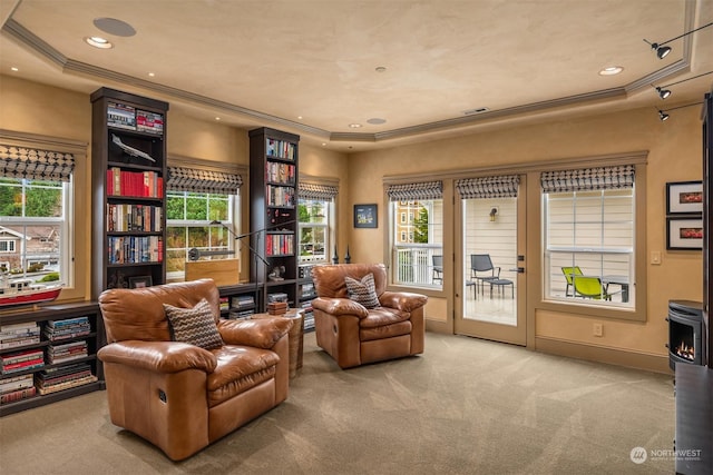 living area featuring a raised ceiling, a wood stove, crown molding, carpet flooring, and recessed lighting