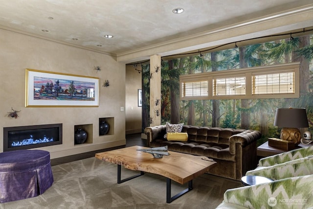 living area featuring ornamental molding, recessed lighting, carpet floors, and baseboards