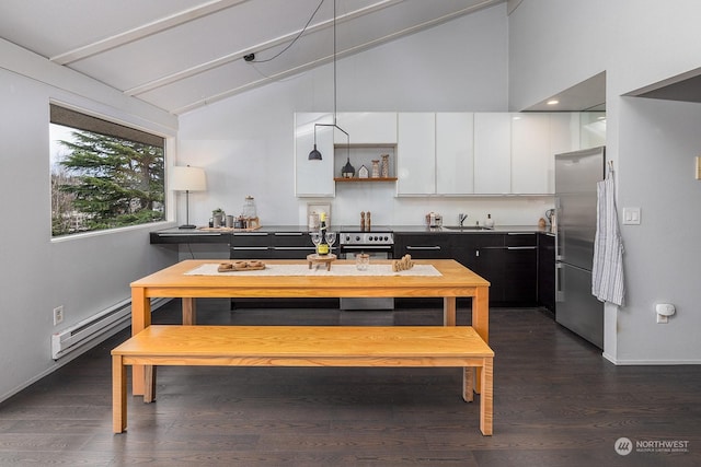 kitchen with dark hardwood / wood-style floors, white cabinetry, stainless steel appliances, and baseboard heating