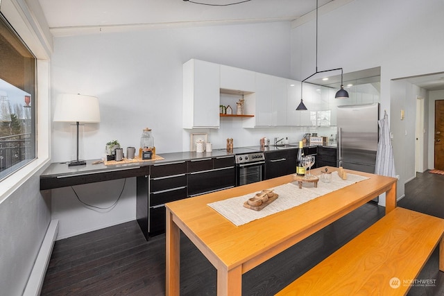 kitchen with white cabinetry, stainless steel appliances, hanging light fixtures, a baseboard radiator, and dark hardwood / wood-style flooring