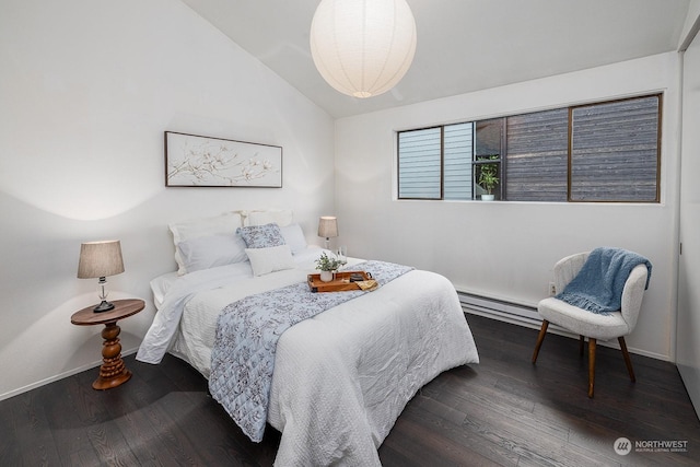 bedroom with vaulted ceiling, dark wood-type flooring, and a baseboard radiator