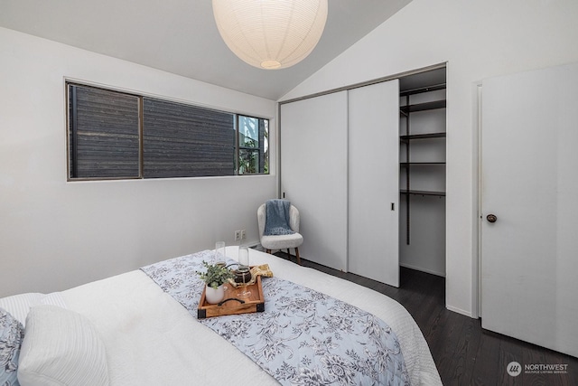 bedroom featuring lofted ceiling, a closet, and dark hardwood / wood-style floors