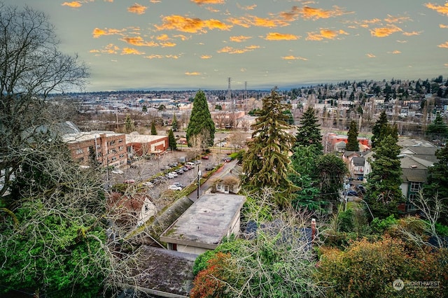 view of aerial view at dusk