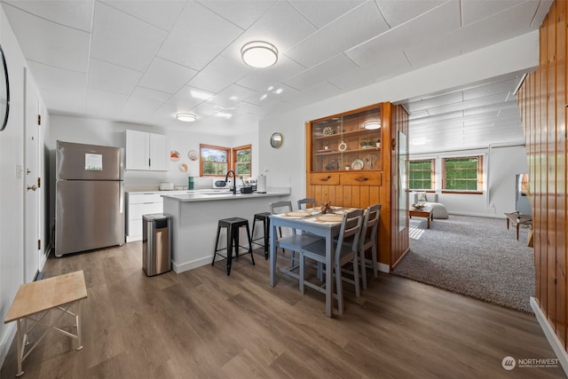 dining area featuring sink and wood-type flooring