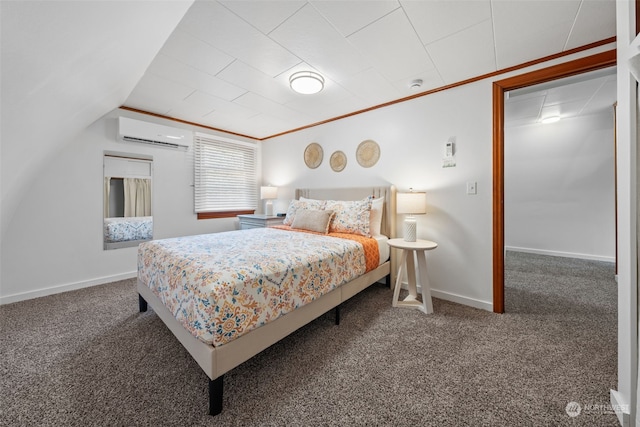 carpeted bedroom featuring crown molding, vaulted ceiling, and a wall unit AC