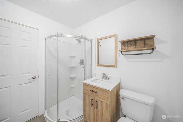 bathroom featuring vanity, toilet, and walk in shower