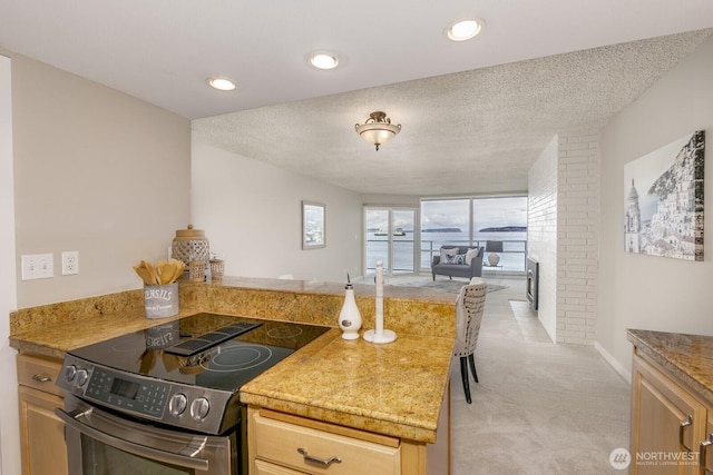 kitchen with light carpet, a textured ceiling, open floor plan, stainless steel electric range, and a peninsula