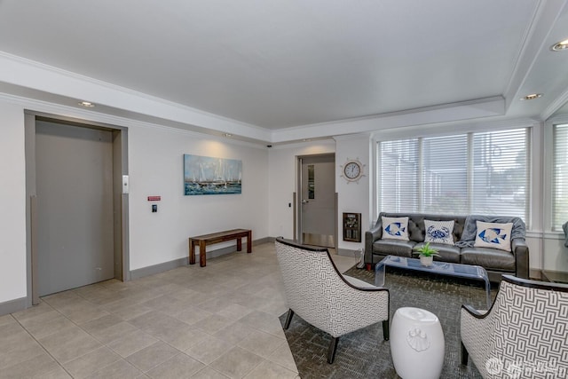 living room with elevator, plenty of natural light, a raised ceiling, and crown molding