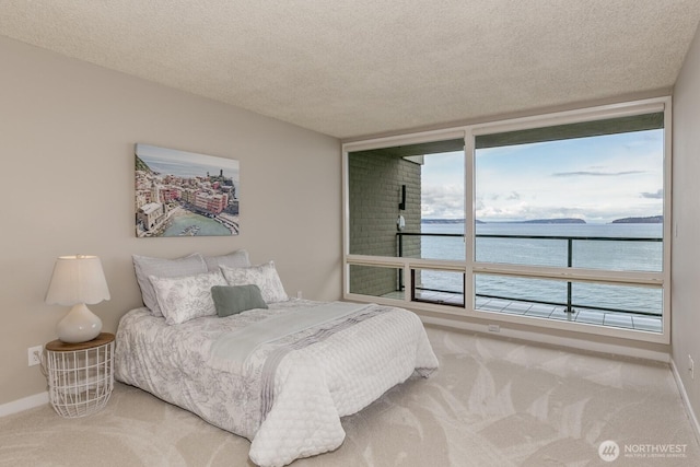 carpeted bedroom with baseboards, multiple windows, a textured ceiling, and a water view