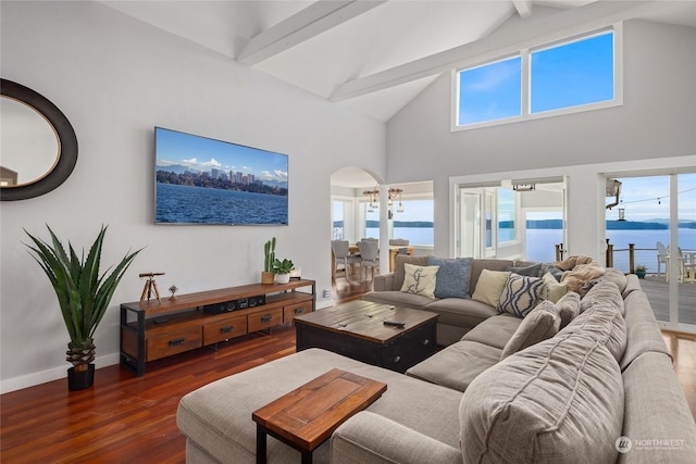 living room featuring dark hardwood / wood-style flooring, high vaulted ceiling, a chandelier, and plenty of natural light