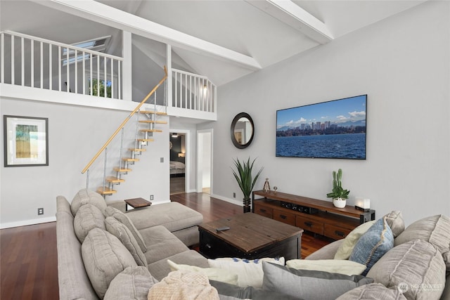 living room with beamed ceiling, dark wood-type flooring, and high vaulted ceiling