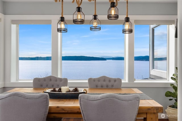 dining area with a wealth of natural light and a water view