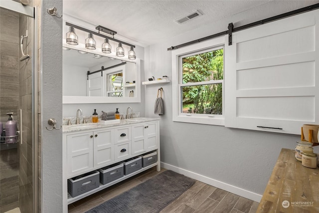 bathroom with hardwood / wood-style flooring, vanity, and a textured ceiling