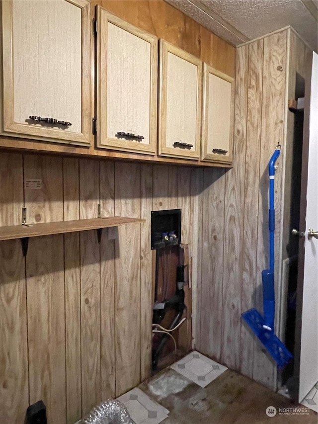 washroom with cabinets and wooden walls