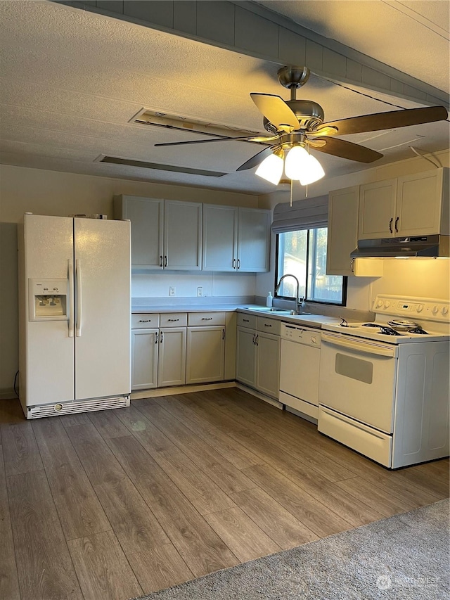 kitchen with ceiling fan, white appliances, and light hardwood / wood-style flooring