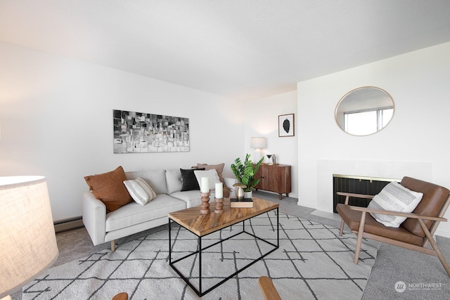 living room featuring light carpet and a baseboard heating unit