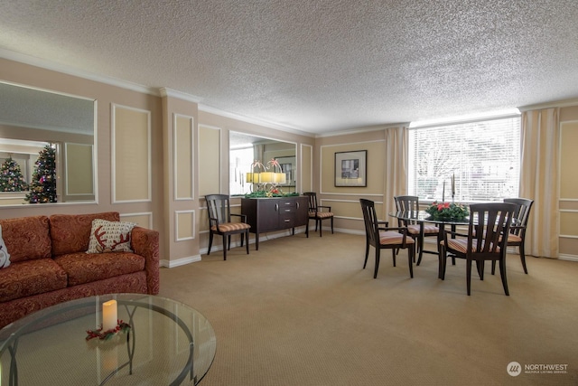 carpeted dining space featuring a textured ceiling and ornamental molding