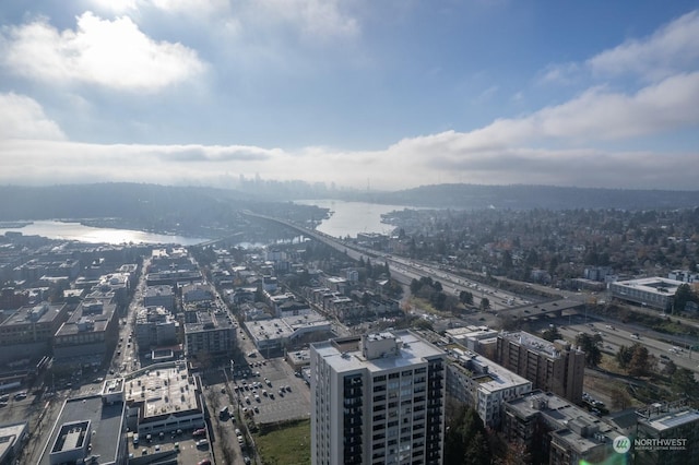 bird's eye view with a water view