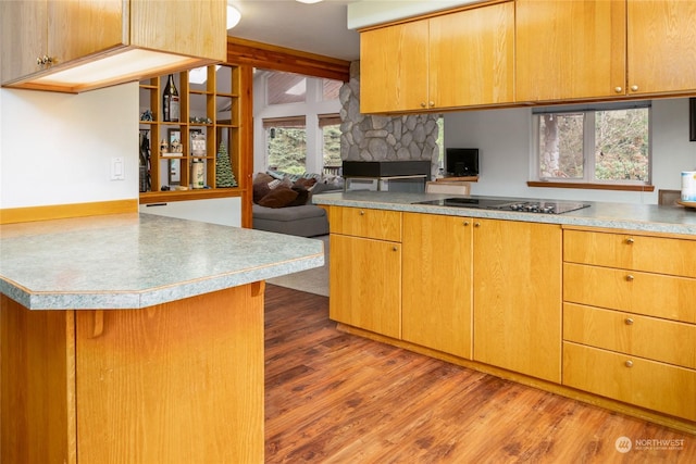 kitchen with black electric stovetop, dark hardwood / wood-style floors, kitchen peninsula, and a wealth of natural light