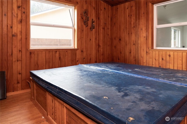 miscellaneous room featuring wooden walls and light hardwood / wood-style floors