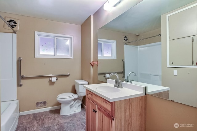 full bathroom with vanity,  shower combination, and toilet