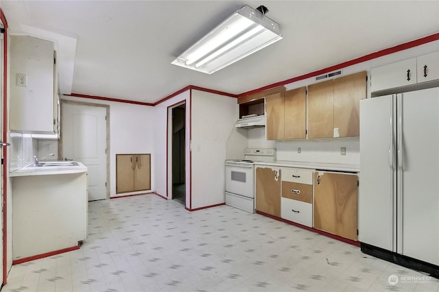 kitchen with white appliances, ventilation hood, and crown molding