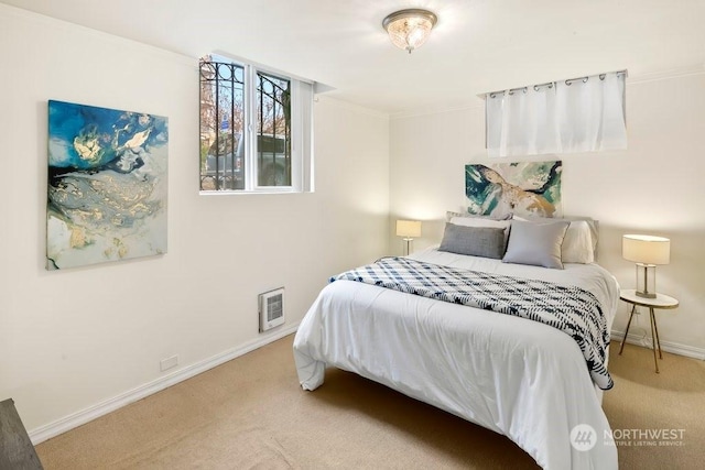 bedroom with carpet and ornamental molding