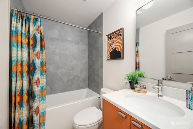 full bathroom with vanity, shower / bath combination with curtain, and toilet